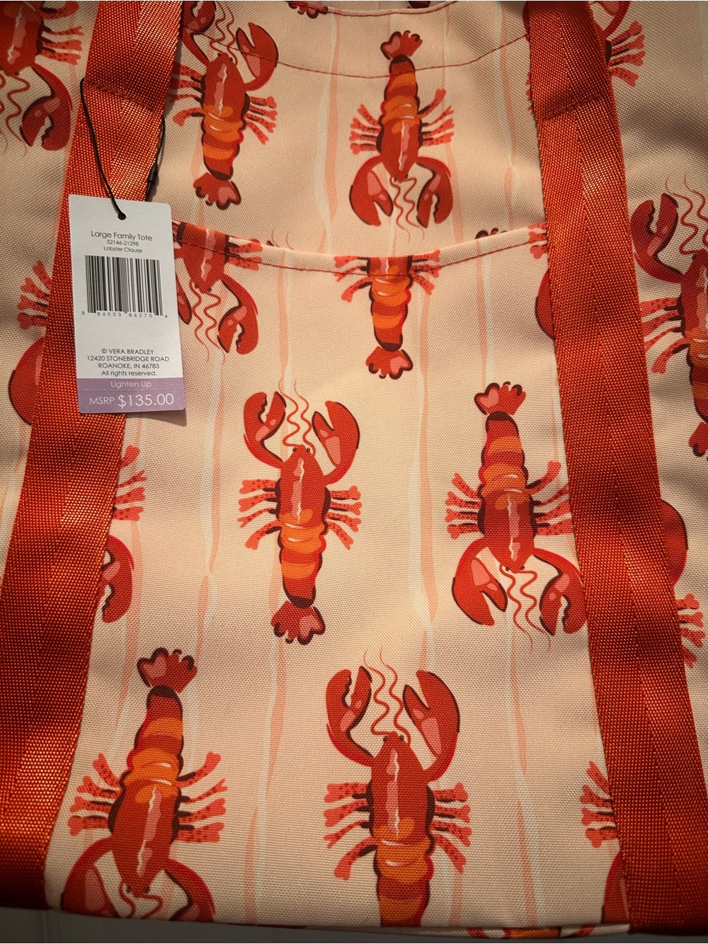 Vera Bradley Red Coral and White large Lobster “Clause”Print Tote - Picture 2 of 8